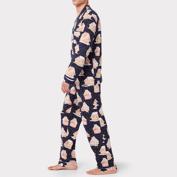 Mens' Navy Gingerbread Houses Print Long Pj Set - Picture 3 of 4